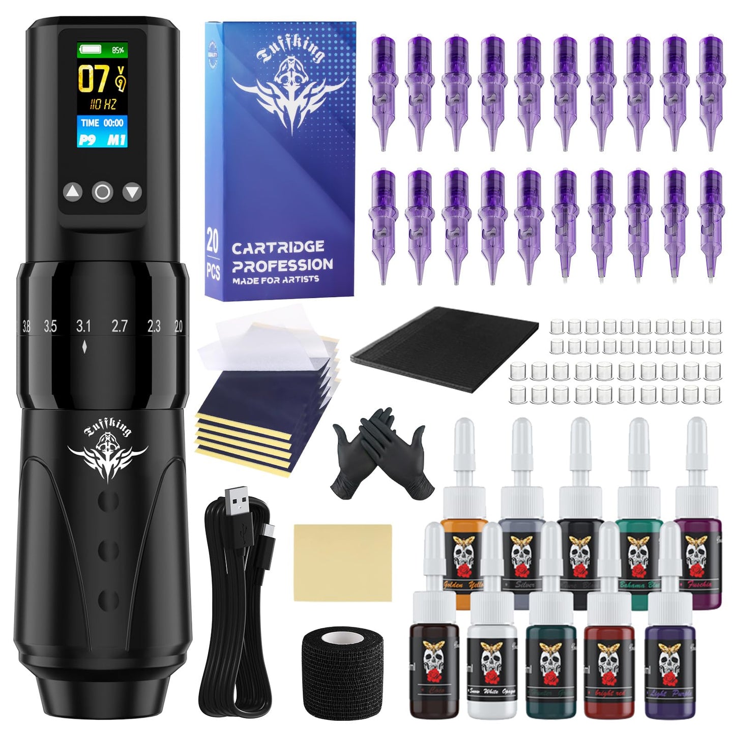 Tattoo Kit, Wireless Tattoo Gun Machine Kit, Complete Beginners Tattoo Supplies Set, 7 Strokes Length Tattoo Pen with Digital LED Display, 1,600mAh Battery, 20Pcs Cartridge Needles