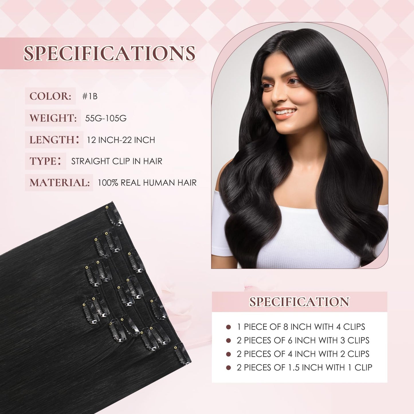 Hyssiet Invisible Clip in Real Human Hair Extensions,12 Inch 55 Gram 1B Natural Black Remy Thick Straight Clip in Hair,7 Pieces With 16 Clips, No Slip No Shedding Comfortable All Day Wear