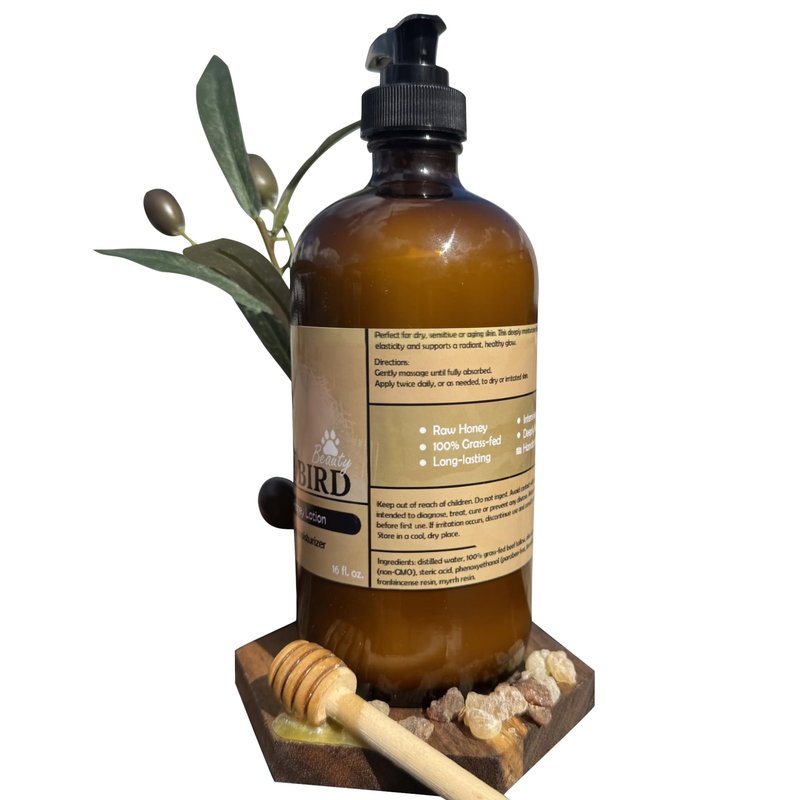 100% Grass-Fed Tallow & Raw Honey Body, face Lotion with Olive Oil & Frankincense + Myrrh Infused Castor Oil