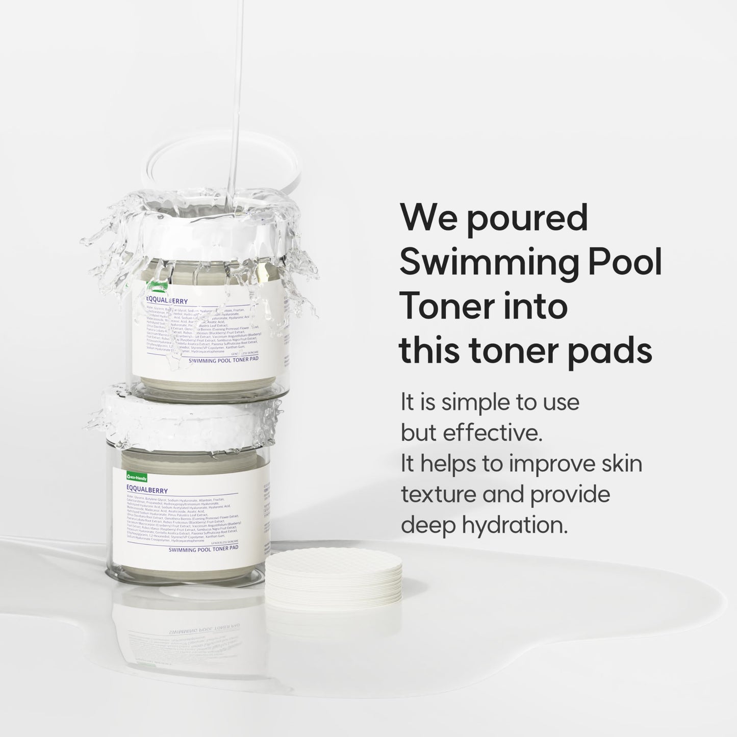 EQQUALBERRY Swimming Pool Toner Pads - Dual-Textured Facial Toner Pads for Pore Care and Gentle Exfoliation | Boosted Hydration with Hyaluronic Acid | Korean Toner Pads for Face (70 Pads)