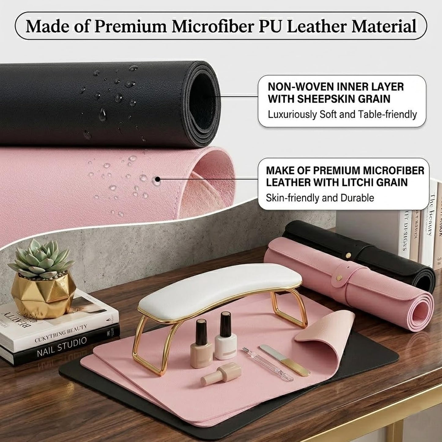 2 PCS Nail Art Table Mat, Soft Microfiber PU Leather Nail Pad, Foldable Nail Art Rest Pad, Reusable Nail Mat for Table Desk, Acrylic Nail Desk Mat for Nail Cushion(Pink+Black)
