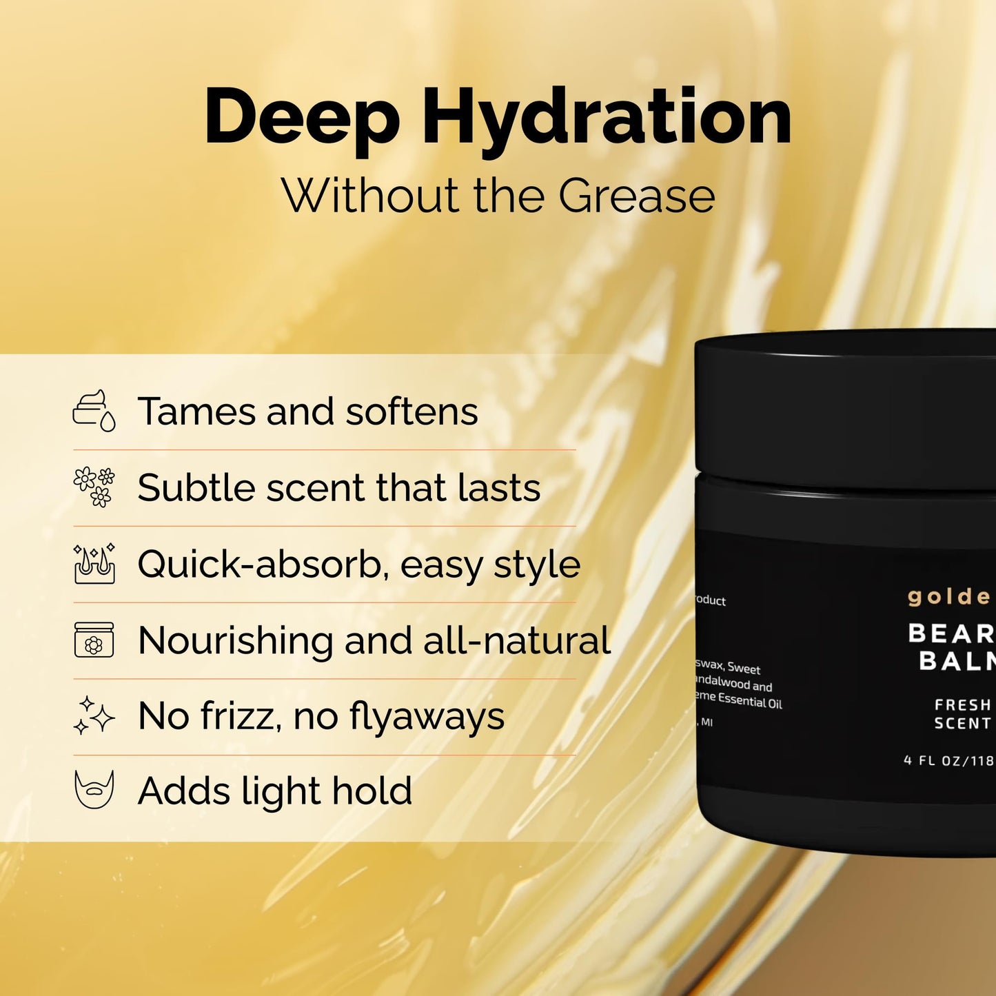 Golden Grooming Beard Balm - Tames Flyaways & Promotes Thicker Growth - Natural Styling Wax with Shea & Mango Butter - Relieves Beard Itch & Dandruff - Signature Fresh Scent, 4oz