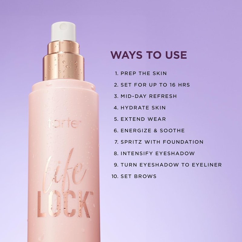 Tarte Life Lock Hydrating Setting Spray - 10-in-1 Weightless Mist with Hyaluronic Acid | Waterproof, Vegan, 4 oz