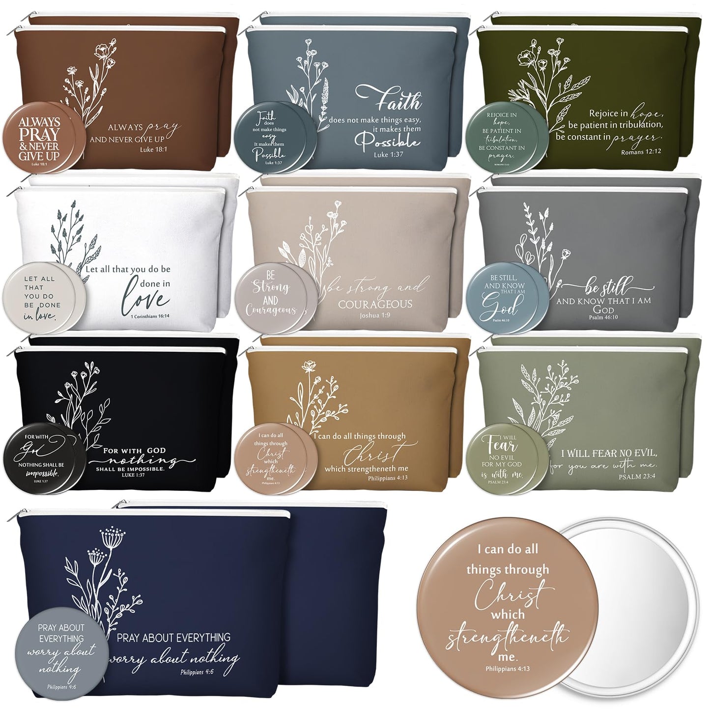 Reginary 20 Set Christian Inspirational Gifts for Women Bulk 20 Religious Canvas Makeup Bag 20 Bible Verse Compact Mirror Motivational Church Scripture Gifts for Ladies(Neutral Colors,Aesthetic Style)