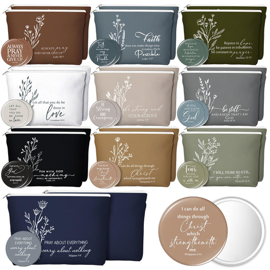 Reginary 20 Set Christian Inspirational Gifts for Women Bulk 20 Religious Canvas Makeup Bag 20 Bible Verse Compact Mirror Motivational Church Scripture Gifts for Ladies(Neutral Colors,Aesthetic Style)
