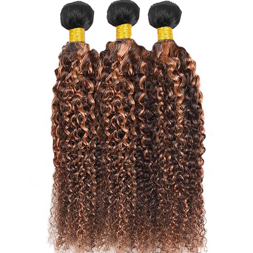 Ombre Brown Highlight Human Hair T1BP4/30 Kinky Curly Human Hair Bundles 8 10 12 Inch 3 Bundles Black Roots Dark Brown Mixed Light Brown 3 Tone Brazilian Virgin Remy Hair Extension for Women