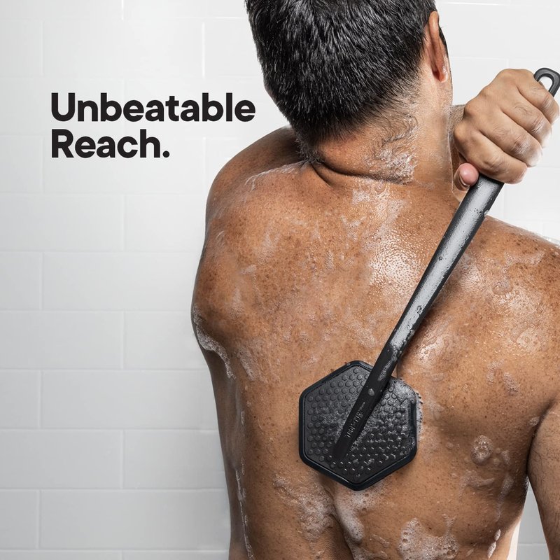 TOOLETRIES Silicone Back Scrubber with Hook, Exfoliating Body & Bath Brush, Long Ergonomic Handle, Non-Slip Grip for Hard-to-Reach Areas, Hygienic Silicone Bath Accessory for Men & Women - Charcoal