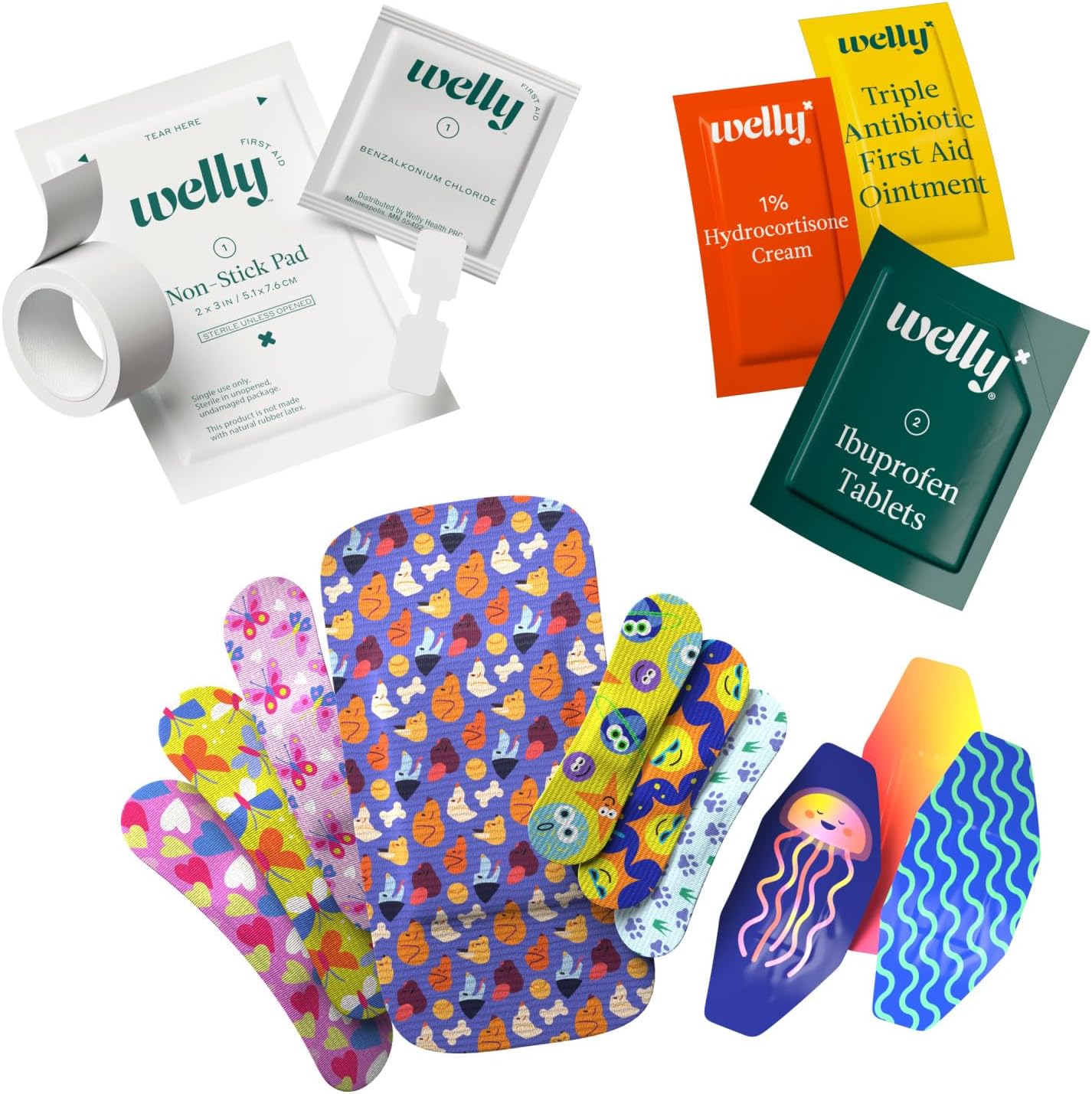 Welly First Aid Kit - Waterproof Bandages, Adhesive Tape, Antibiotic Ointments | 130 Count