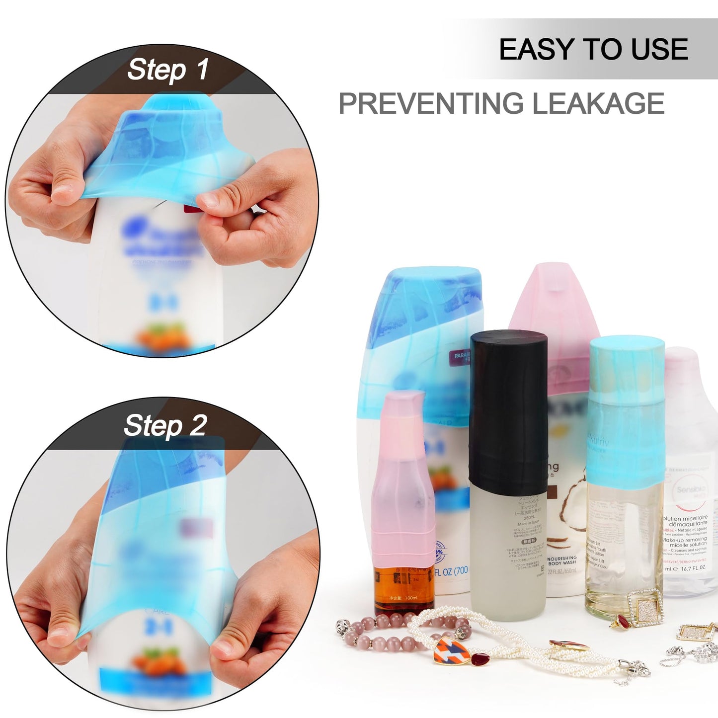 COOSKY Travel Hanging Toiletry Bag for Women, Large Makeup Bag 8 Leak Proofing Silicone Bottle Covers, Waterproof Cosmetic Bag with Jewelry Organizer Compartment, Toiletries Kit Set, Blue