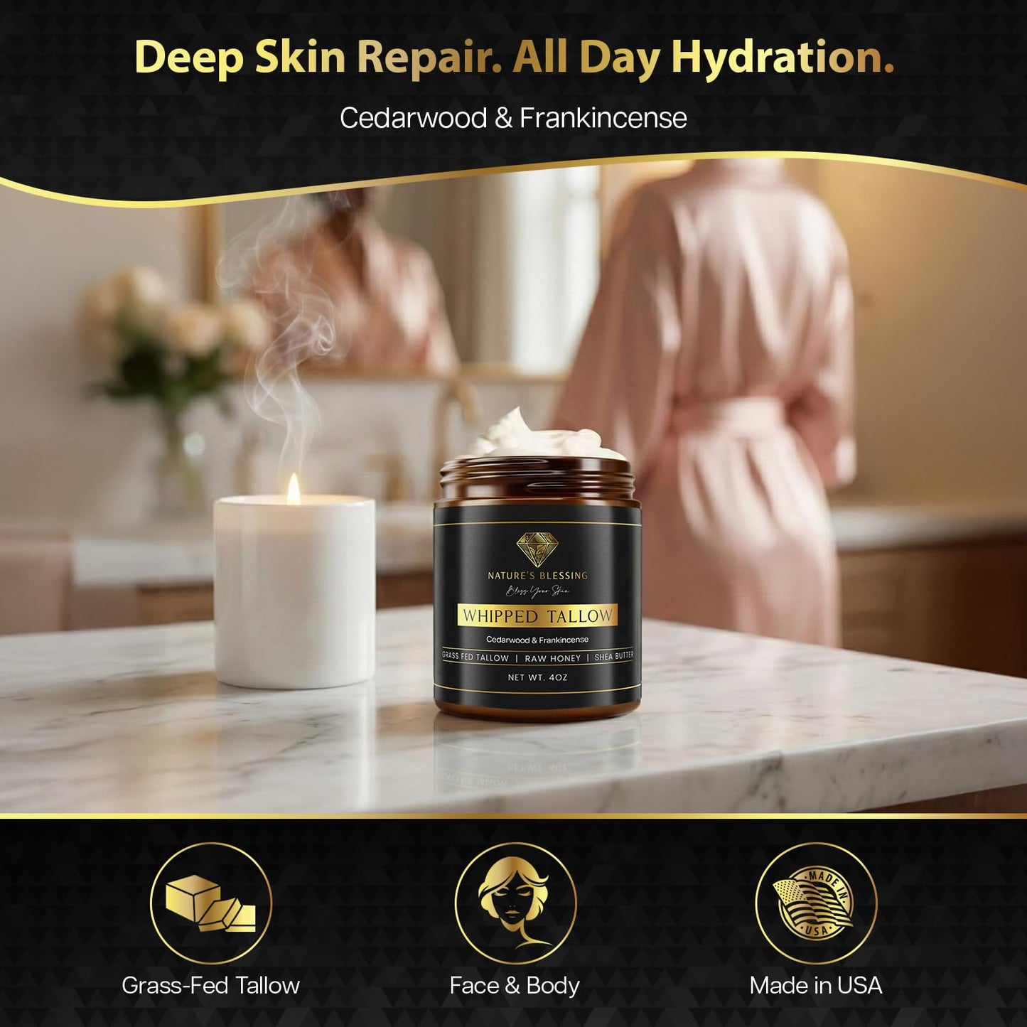 Nature's Blessing Anti-Aging Beef Tallow Cream for Fine Lines & Wrinkles | Collagen Booster Infused w/Organic Honey & Shea Butter | Deep Hydration for Youthful Glow (4oz, Cedarwood & Frankincense)