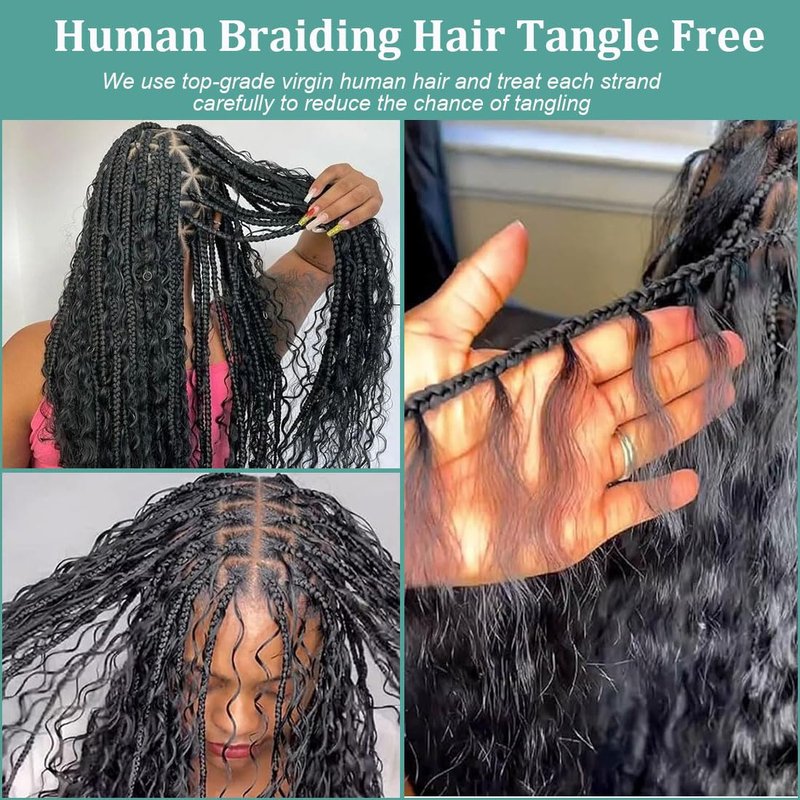 Human Braiding Hair for Boho Braids Human Hair Braiding No Weft Wet and Wavy Human Hair Braiding Hair Extensions For Boho Braids 2 Bundles 100g（20inch,Natural Black Deep Wave)