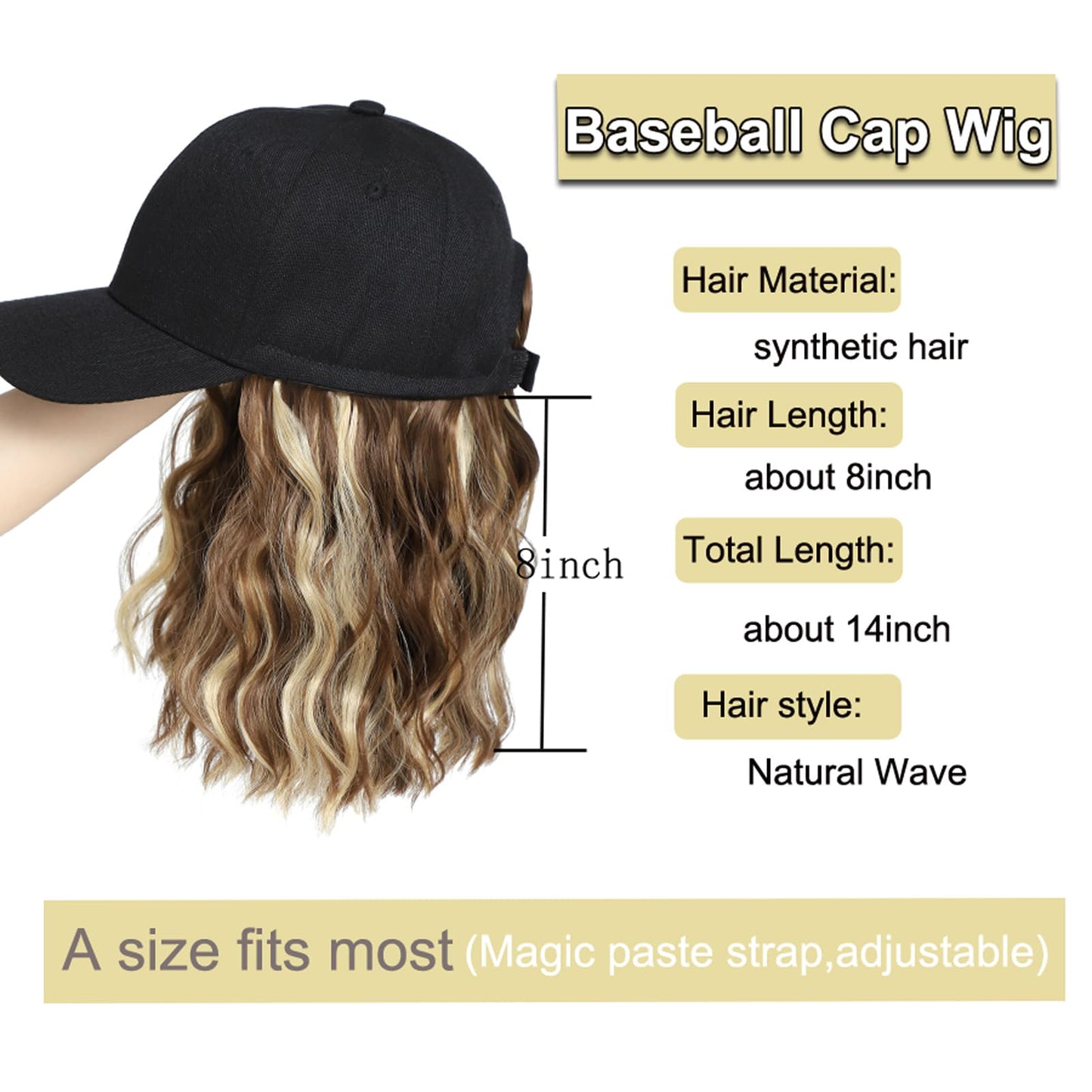AliRobam Synthetic Wig Hat with Natural Wave Hair Extensions Attached for Woman Baseball Cap Wig Mix Brown Blonde Short Curly Wavy Hairstyle Adjustable Daily Outdoor Use(Mbrown blonde, 14inch)