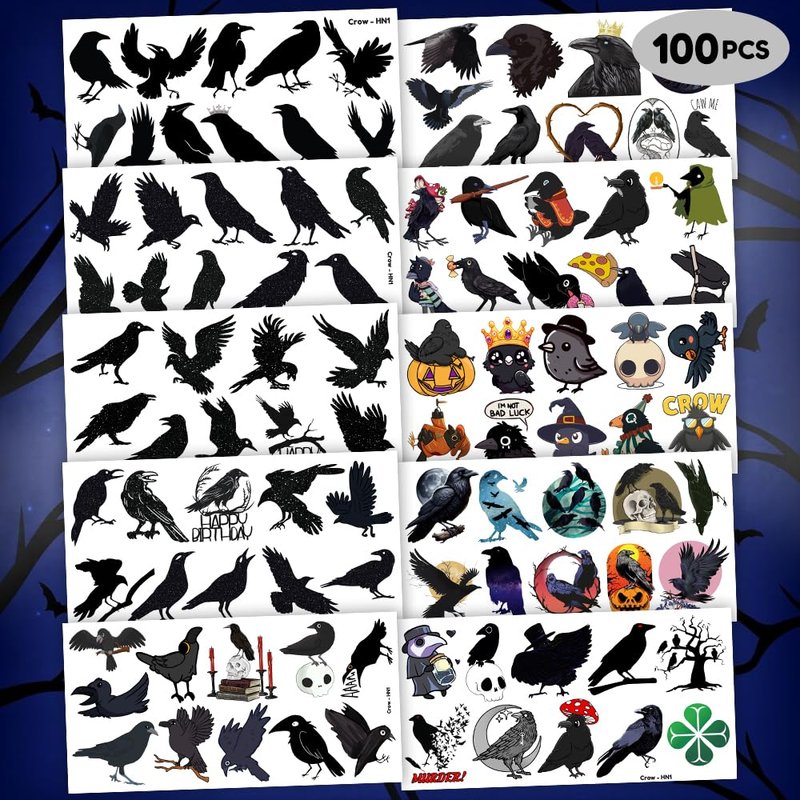 Temporary Crow Bird Tattoos - 100PCS Gothic Raven Stickers for Kids' Birthday Party Favors | Halloween Decorations