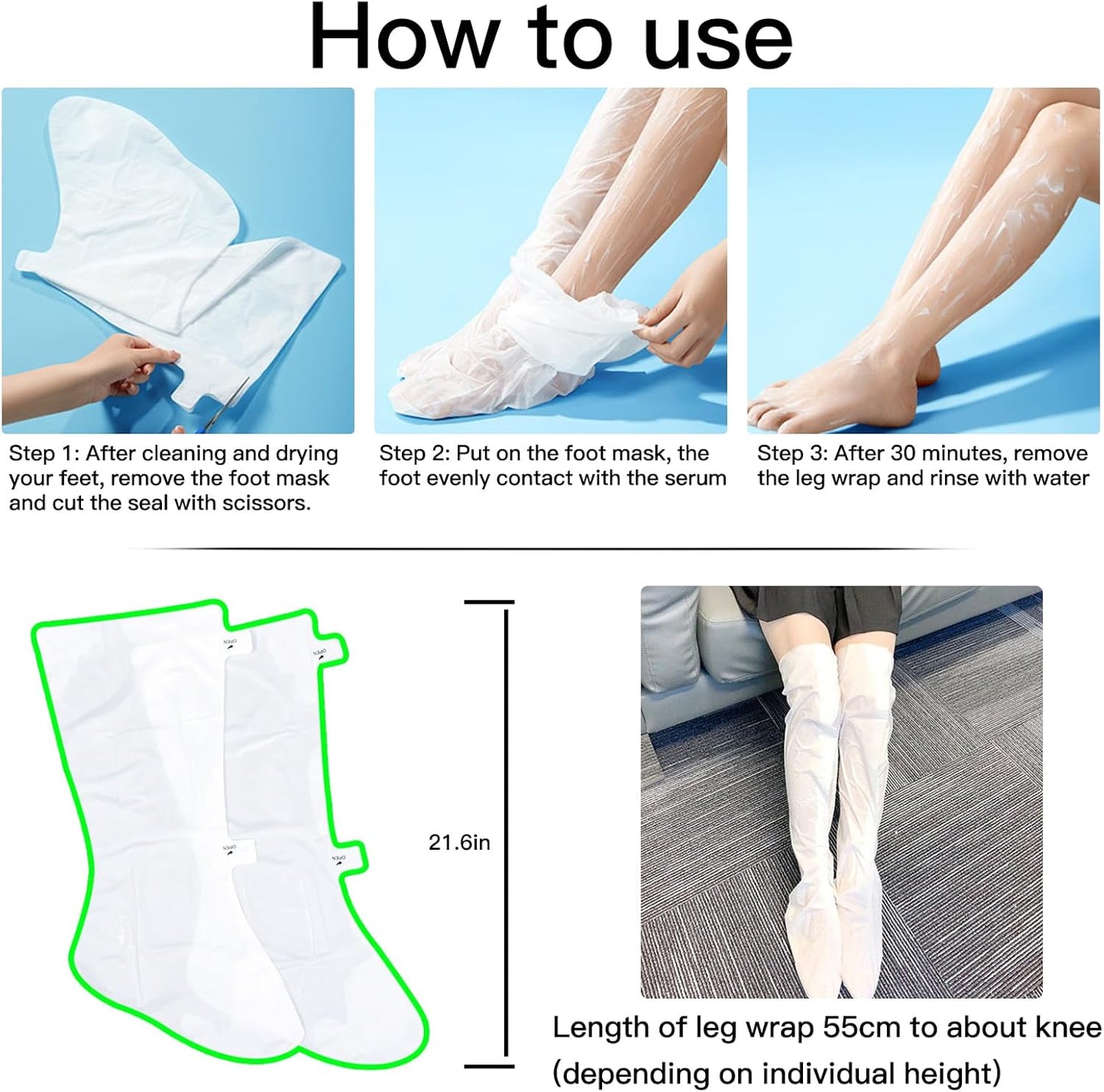 Hydrating Long Leg Feet Mask - 3 Pairs Moisturizing & Exfoliating Treatment for Soft Feet | Peeling Mask for Women