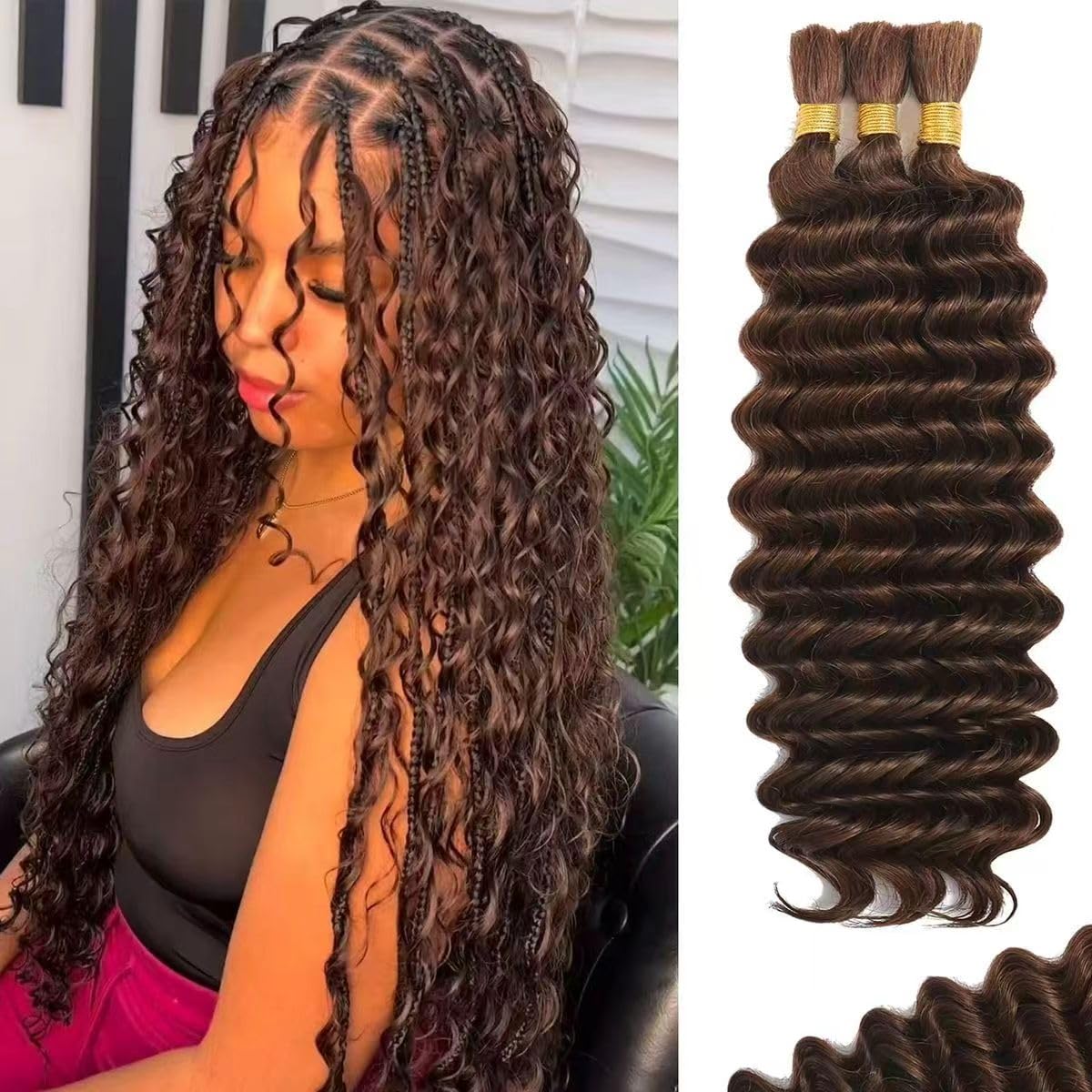 100 Percent Human Boho Braiding Hair Deep Wave Bulk Boho Hair for Braiding Curly Bundles (18inch,#4 Natural Brown)