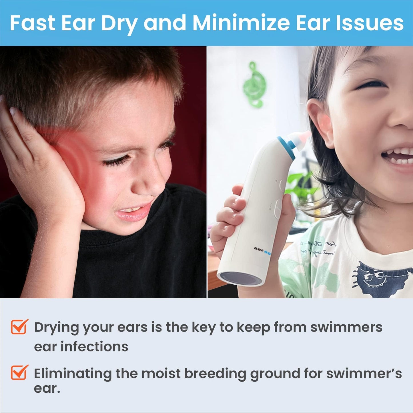 BOCOOLIFE Ear Dryer Ear Moisture Water Removal with 7 Ear Tips, Ear Drying Device, Electronic Warm Air Ear Water Remover for Swimmers, Showering, Water Sports, Surfing, Scuba Ear Dryer Machine