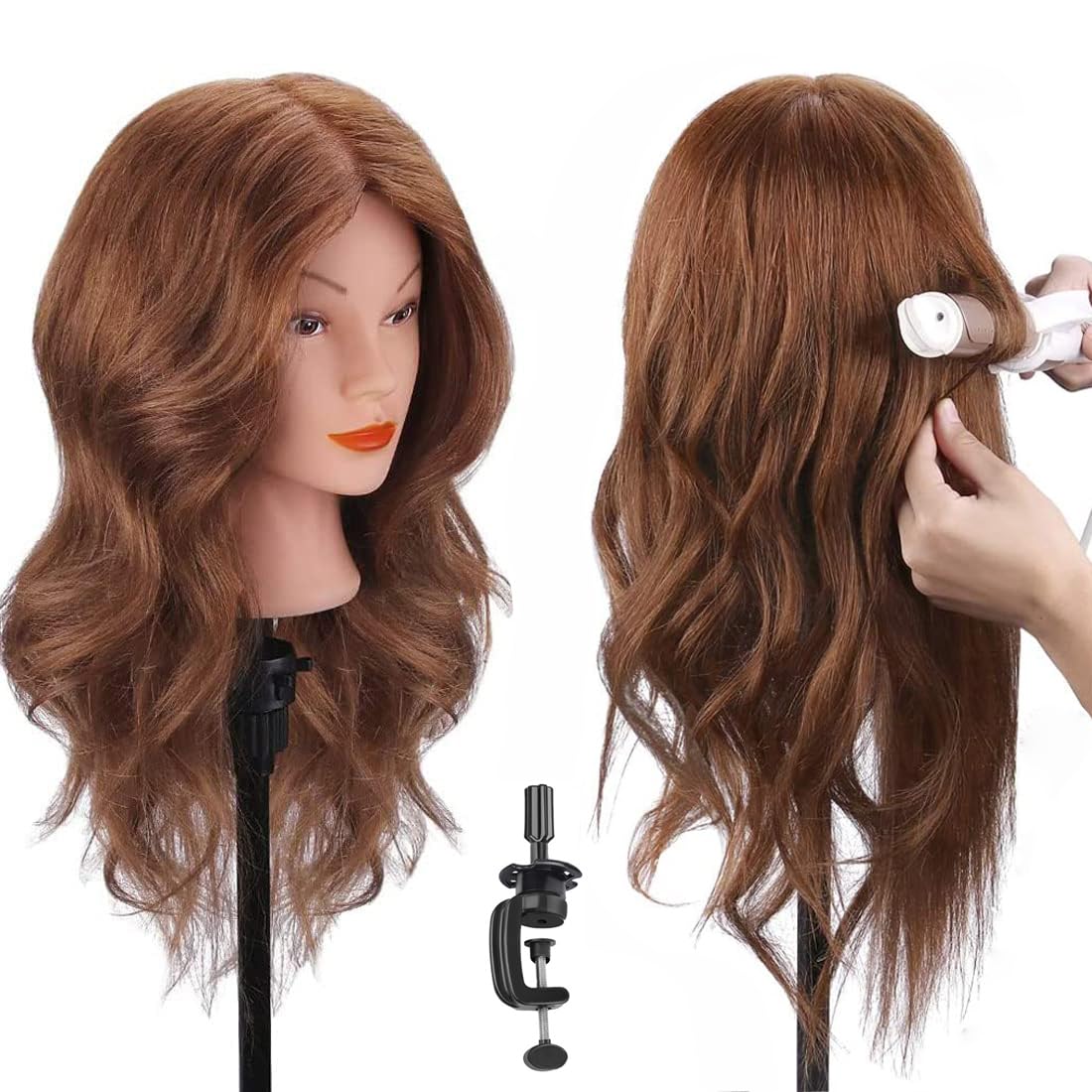 18'' Mannequin Head with Human Hair Cosmetology Manikin Doll Head with 100% Real Human Hair for Braiding Hairdresser Practice Styling with Free Table Clamp Stand