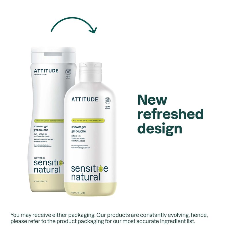 ATTITUDE Body Wash for Sensitive Skin, EWG Verified Shower Gel, Soothing Oat, Dermatologically Tested, Plant and Mineral-Based, Vegan Personal Care, Vanilla Cream Scent, 16 Fl Oz