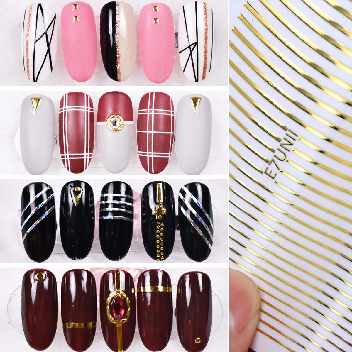 JAKSSO 12 Sheets 3D Metallic Nail Stickers for Women Gold Silver Nail Decals Chains Stripe Lines Adhesive Nail Art Stickers for Acrylic Nails Manicure DIY and Nail Salon