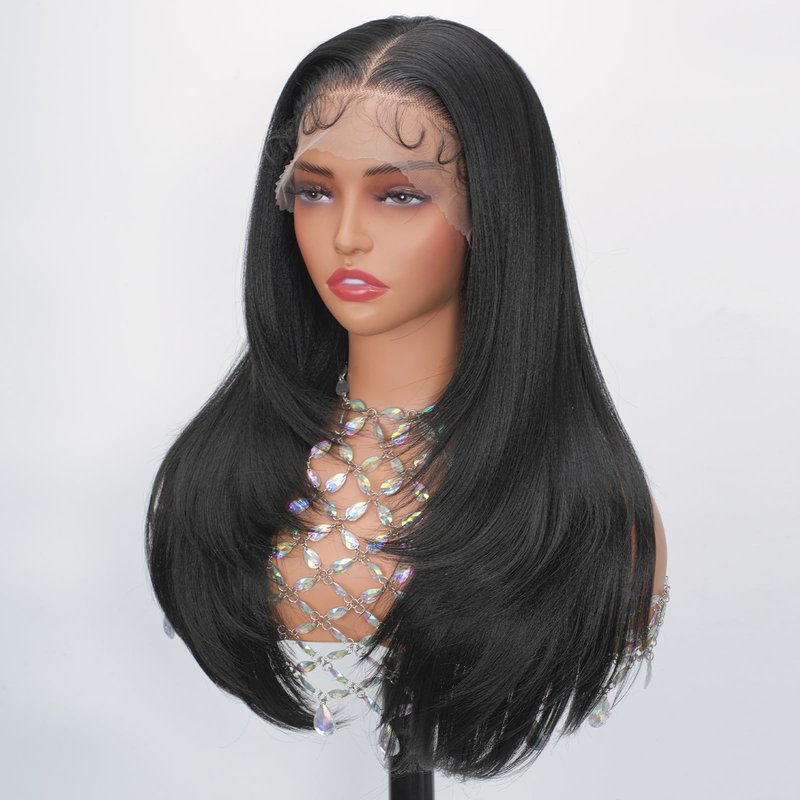 Looxey Lace Front Wigs for Black Women 13X6 Long Layered Straight Wig with Baby Hair Synthetic Hair Soft As Human Hair 24 Inch 1B Black Pre Plucked Bleached Knots Glueless Wig (Black)