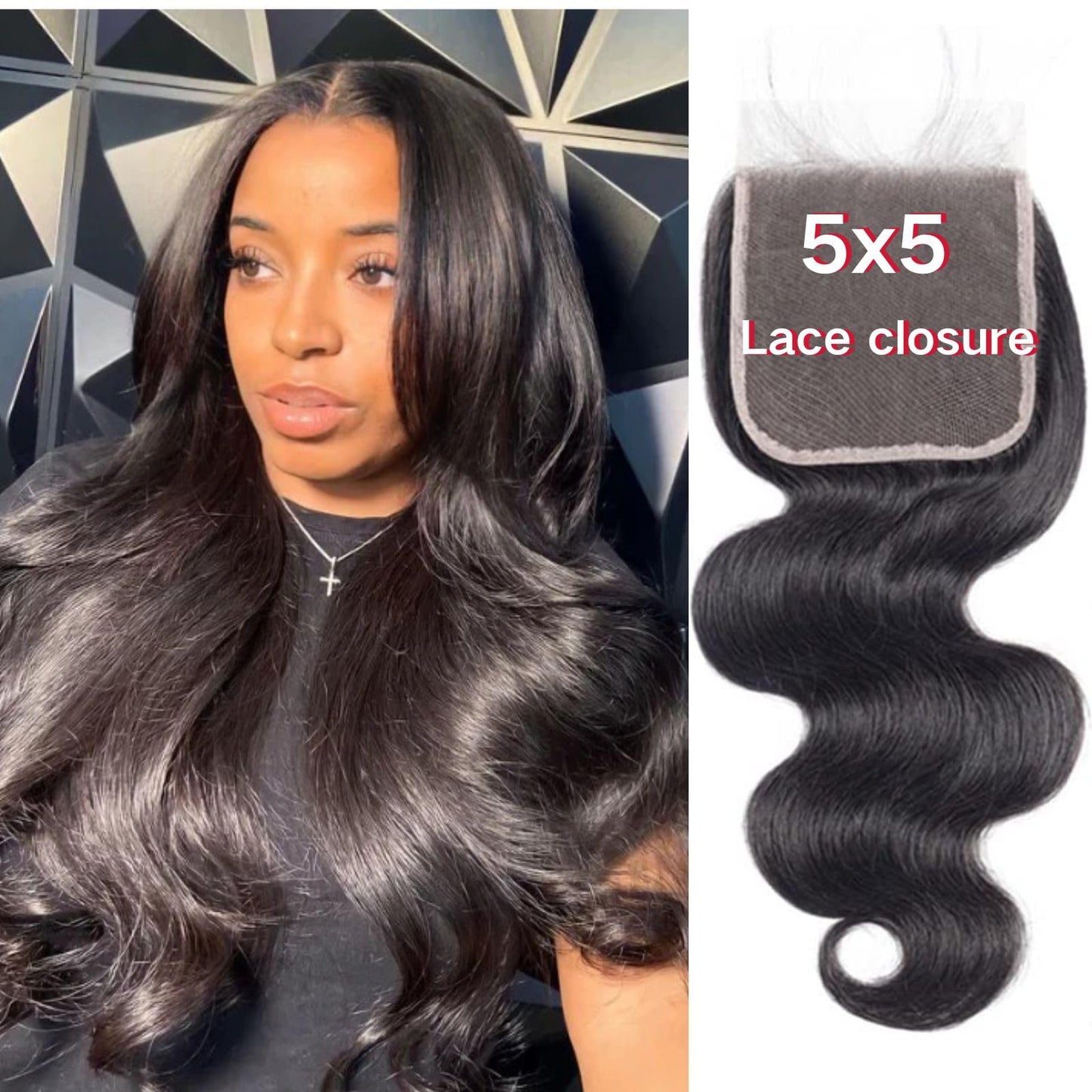5x5 HD Lace Frontal Closure Body Wave Human Hair Extension - 16 Inch, Virgin Remy, Pre-Plucked, Natural Black