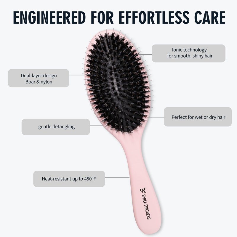 EAGLE FORTRESS Boar Bristle Hair Brush for Women, Men & Kids, Detangling Hair Brushes for Thick, Thinning, Dry or Wet Hair with Nylon Pins, Smooth & Shine Hair Brush for Extensions – Pink
