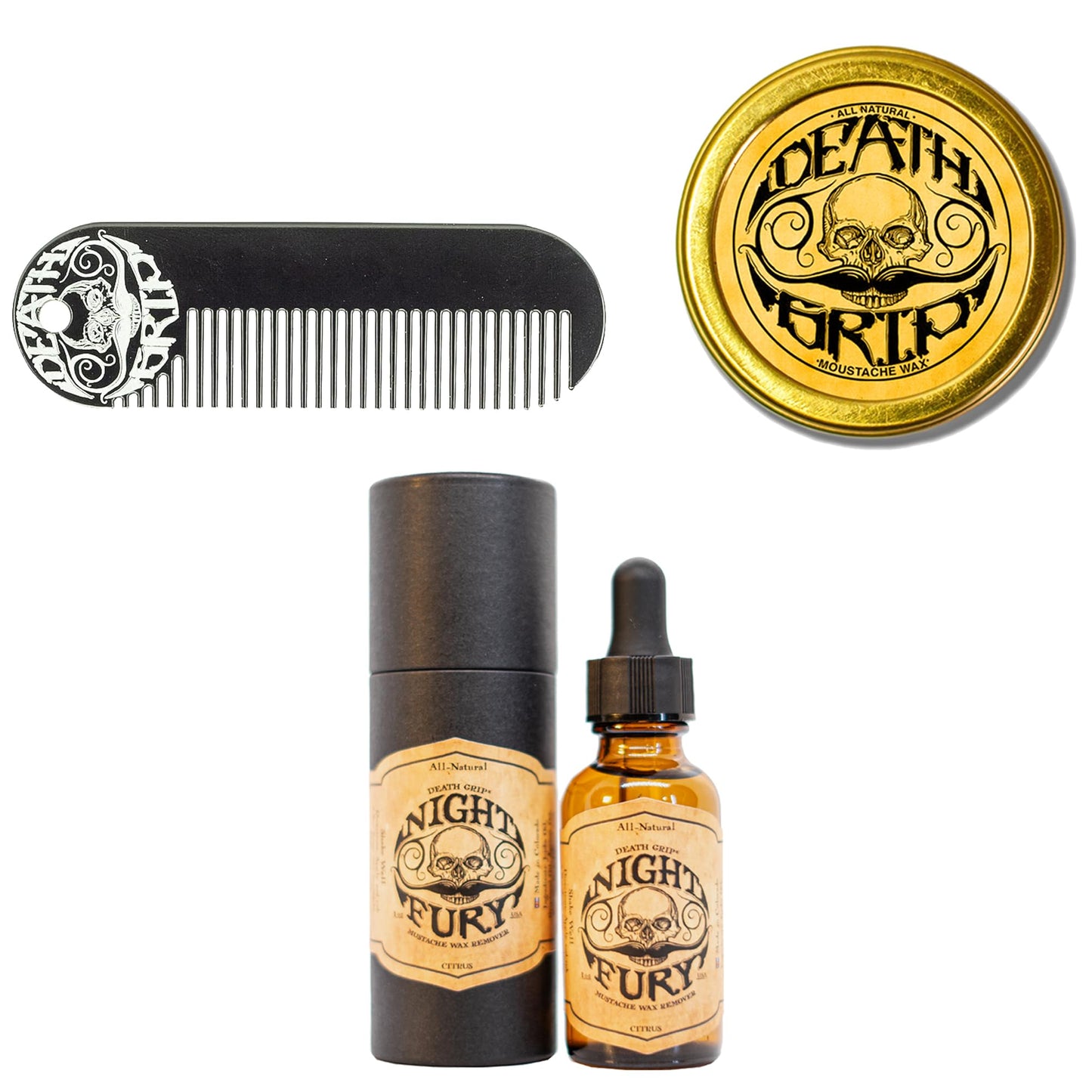THE VINTAGE GROOMING CO. Death Grip Extra Strong Mustache Wax, Night Fury Mustache Wax Remover Oil, and Comb Set