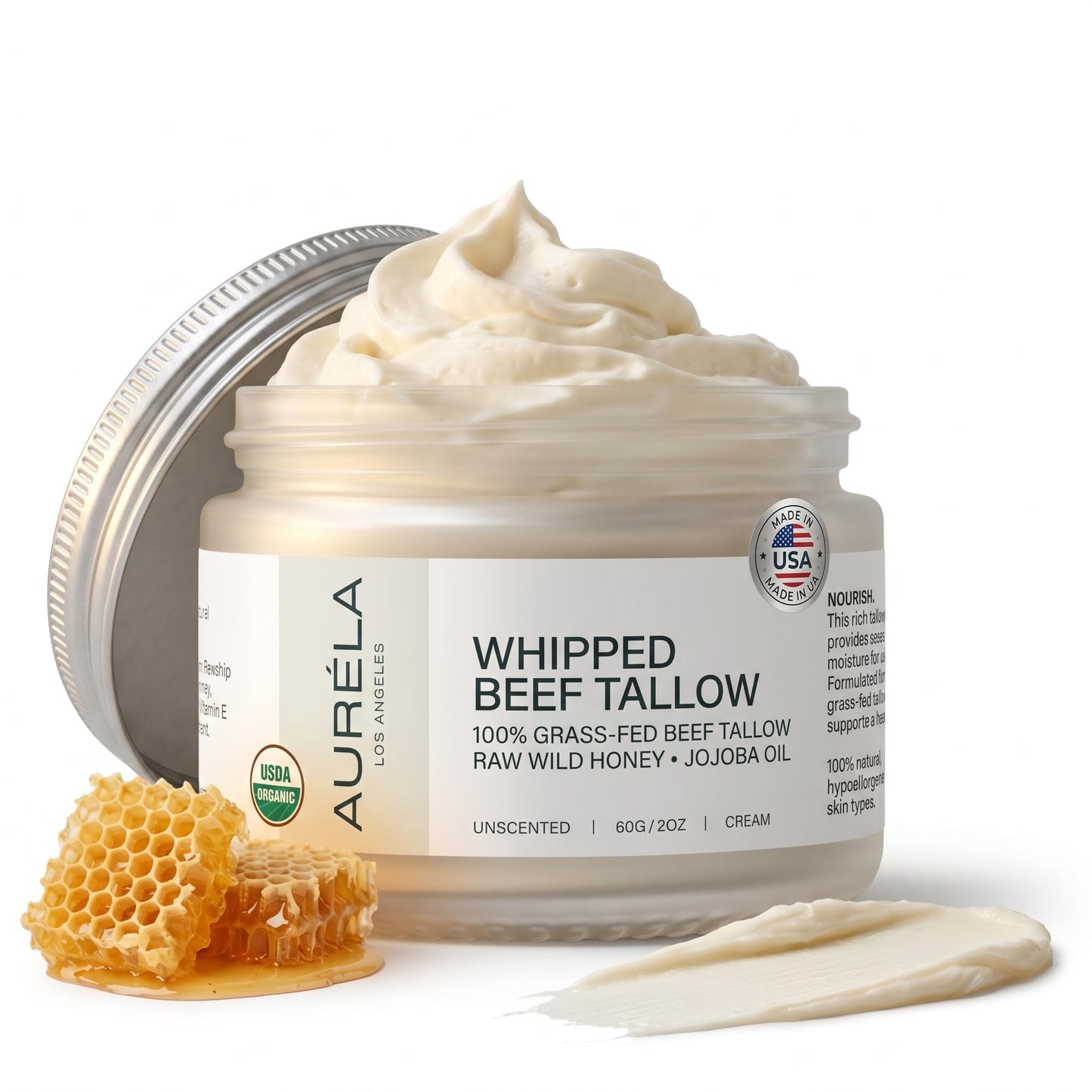 Auréla Organic Beef Tallow With Honey & Jojoba Oil - 100% Grass-Fed Whipped Beef Tallow For Face & Body - Natural & Deeply Nourishing Formula | For Dry & Sensitive Skin - Unscented | 2oz
