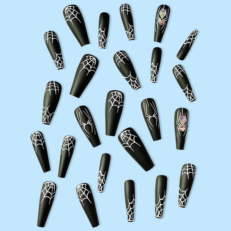 Black Halloween Press on Nails Long with Spider Web Designs, Full Cover Halloween Fake Nails Glossy Halloween Glue on Nails Long Halloween Nails for Women, 24 Pcs