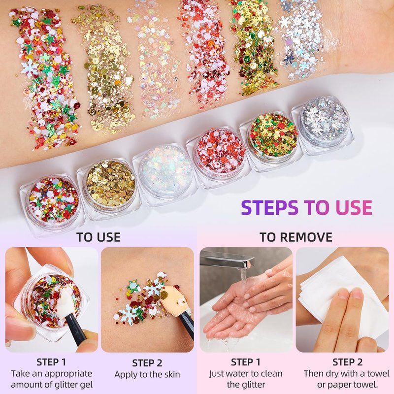 Body Glitter Clear White Body Glitter Face Glitter Hair Glitter Gel Singer Concerts Music Festival Rave Accessori Face Paint 6 Shapes Chunky Glitter Gel for Women Girls