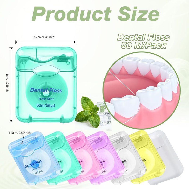 Dental Floss Bulk Travel - Mint Flavored Waxed Oral Care | 50m/55yd, Pack of 70, 7 Colors