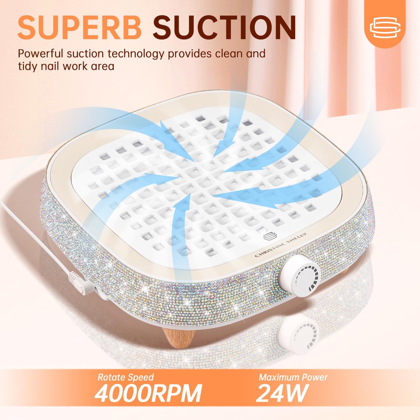 CHRISTINE SHELLY Nail Dust Collector, Mini Bling Crystal Diamond Compact 6000RPM Powerful Vacuum Fan Vent Dust Collector Extractor Dust Suction Machine for Acrylic Nails Polishing, Fast Charging