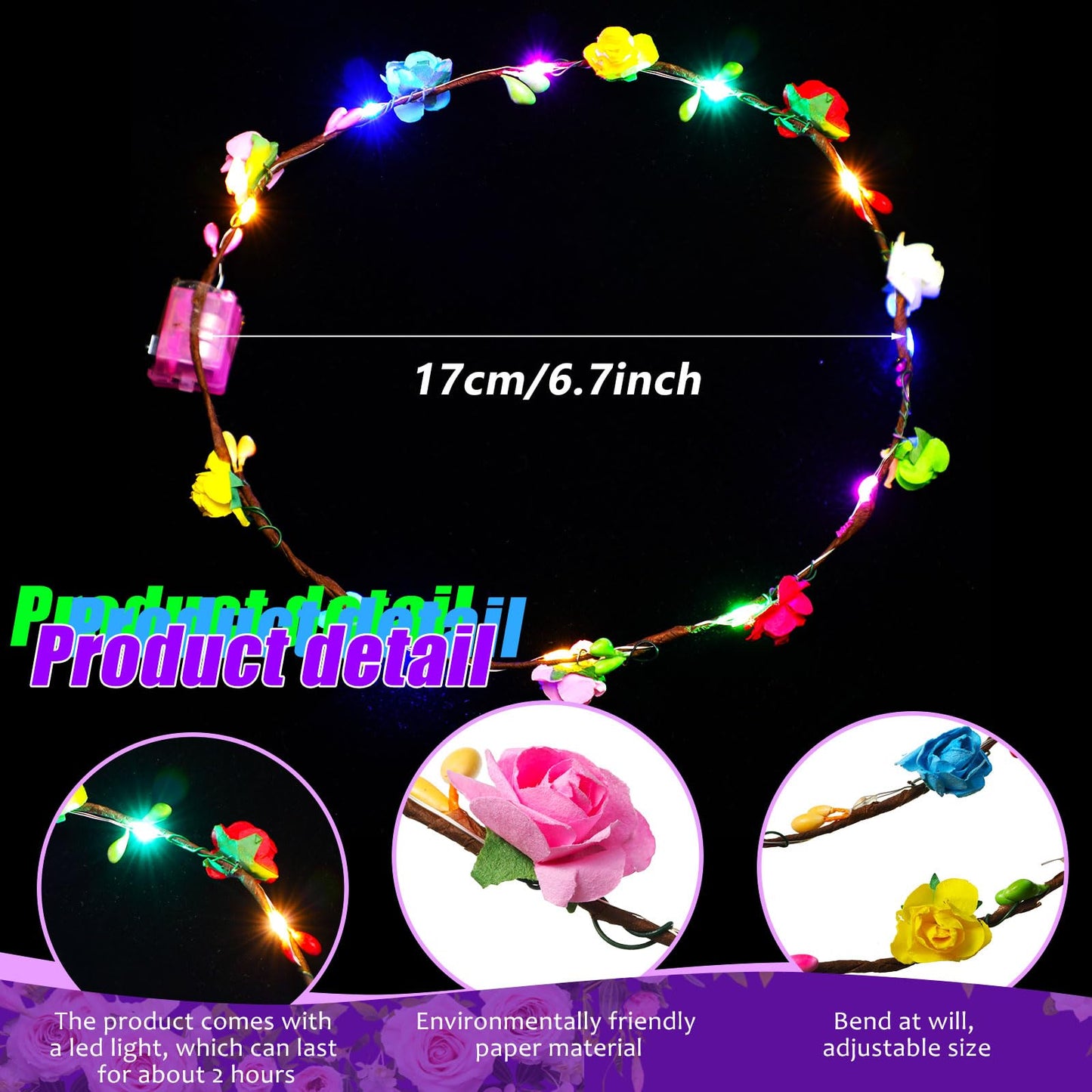 Syhood 40 Pcs LED Flower Headband, Light up Flower Crown Garland Headdress Floral Headpiece for Women Hair Accessories Bridal Shower Mother's Day Holiday Birthday Wedding Party(Plum Blossom Style)