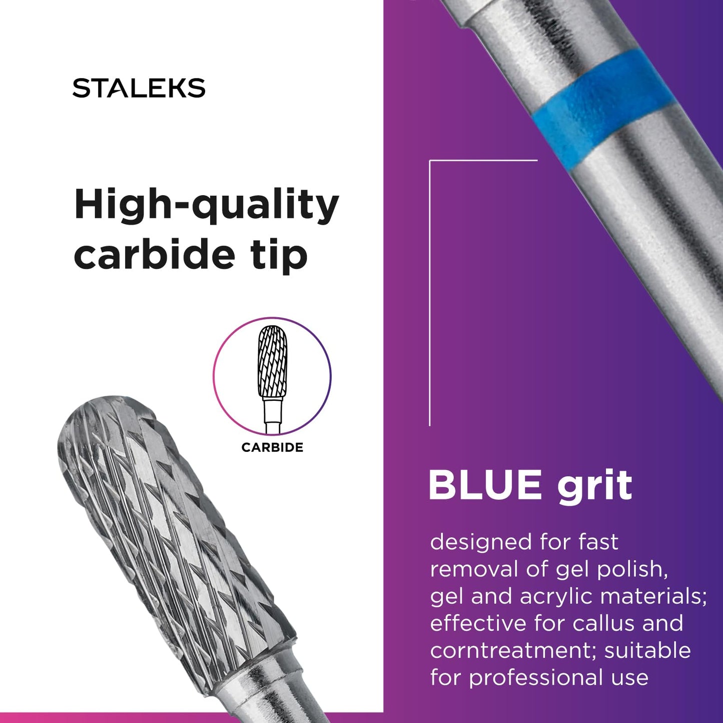 STALEKS PRO Expert Carbide Nail Drill Bit (Rounded Cylinder, Blue, 5mm Head / 13mm WP) – Medium Hardness for Artificial Nail Correction & Hyperkeratosis Removal in Hardware Manicure/Pedicure