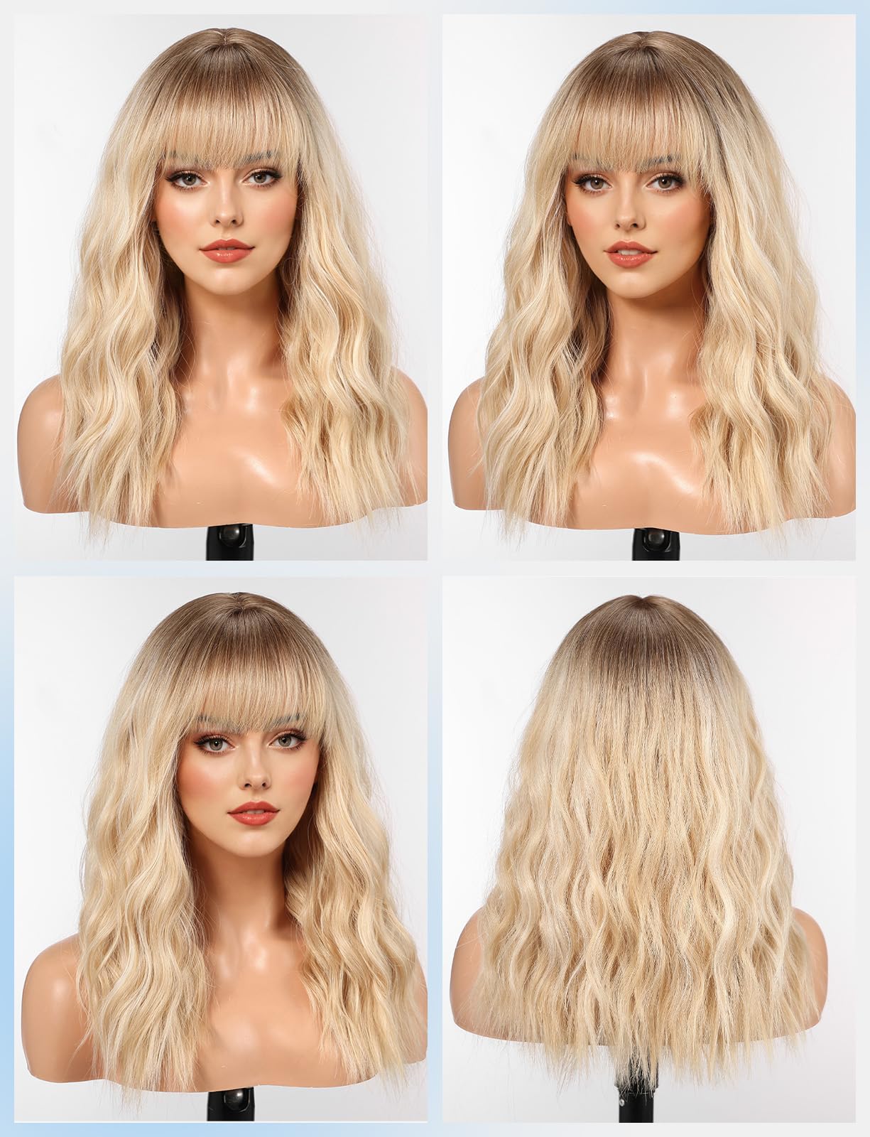 HAIRCUBE Long Wig with Bangs Synthetic Wavy Wigs for Women Blonde with Highlights Color