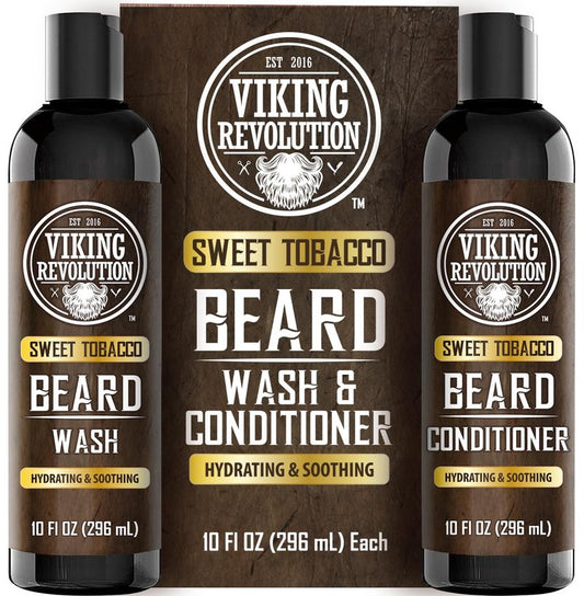 Viking Revolution Beard Wash & Conditioner for Men | Argan & Jojoba Oil Beard Softener (10oz, Sweet Tobacco)