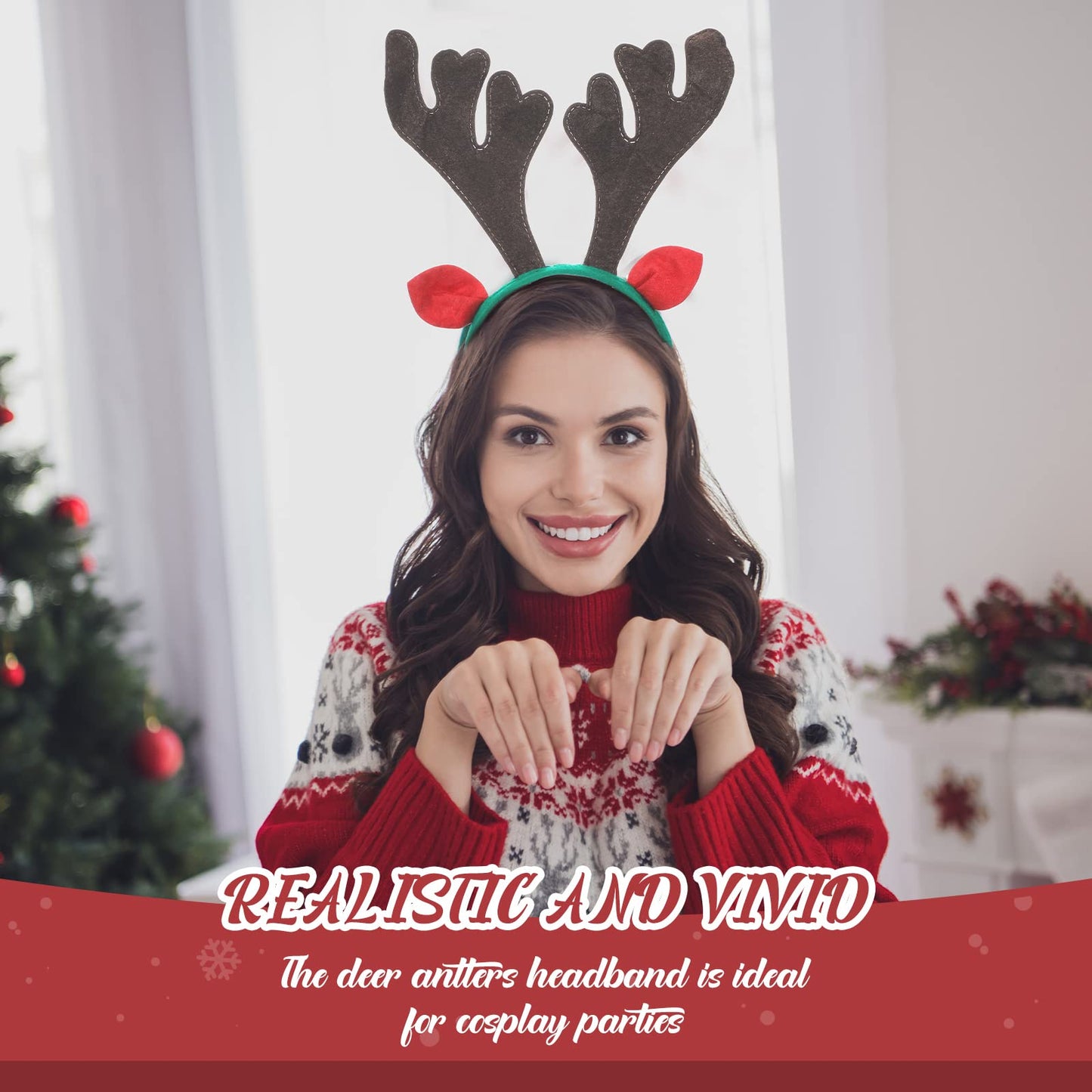 Zubebe 36 Pcs Christmas Reindeer Antlers Headband Xmas Deer Antlers Horns Headband with Ears Deer Decor (Red Brown,13.39 x 11.81 Inches)