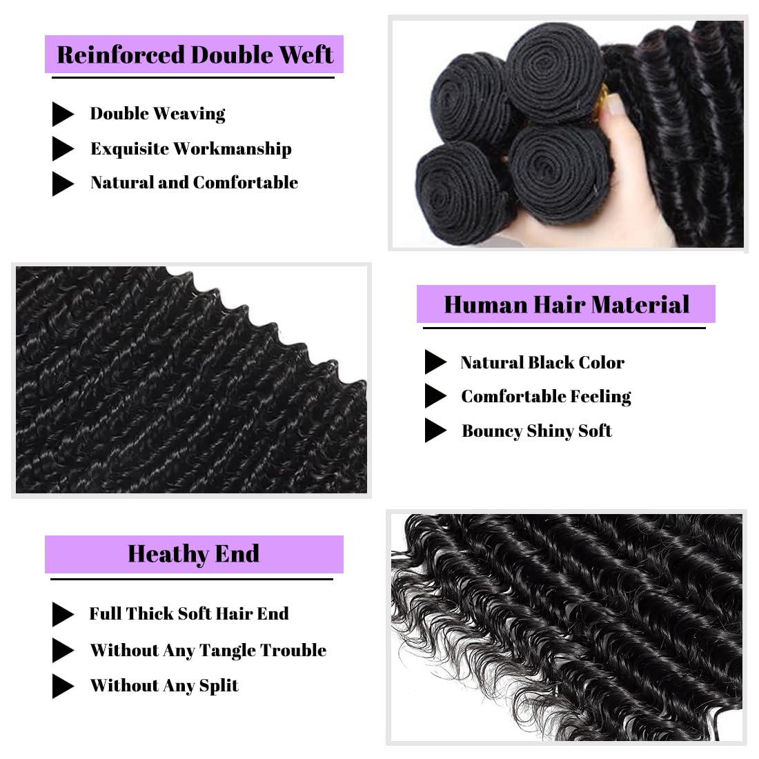 Deep Wave Human Hair Bundles 14 Inch Deep Wave Bundles 100% Unprocessed Brazilian Virgin Hair 1 Bundle Curly Bundles Hair Extensions Real Human Hair Wavy Quick Weave Bundle Natural Black