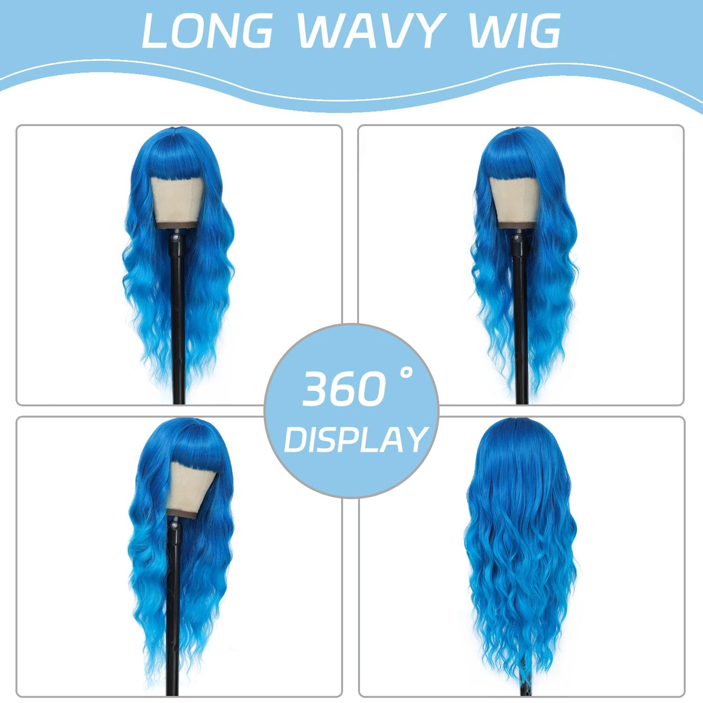 FEIVOSILAN Ombre Blue Wig with Bangs for Women, Long Wavy Blue Wig 26 Inch Wigs Heat Resistant Synthetic Colorful Wig