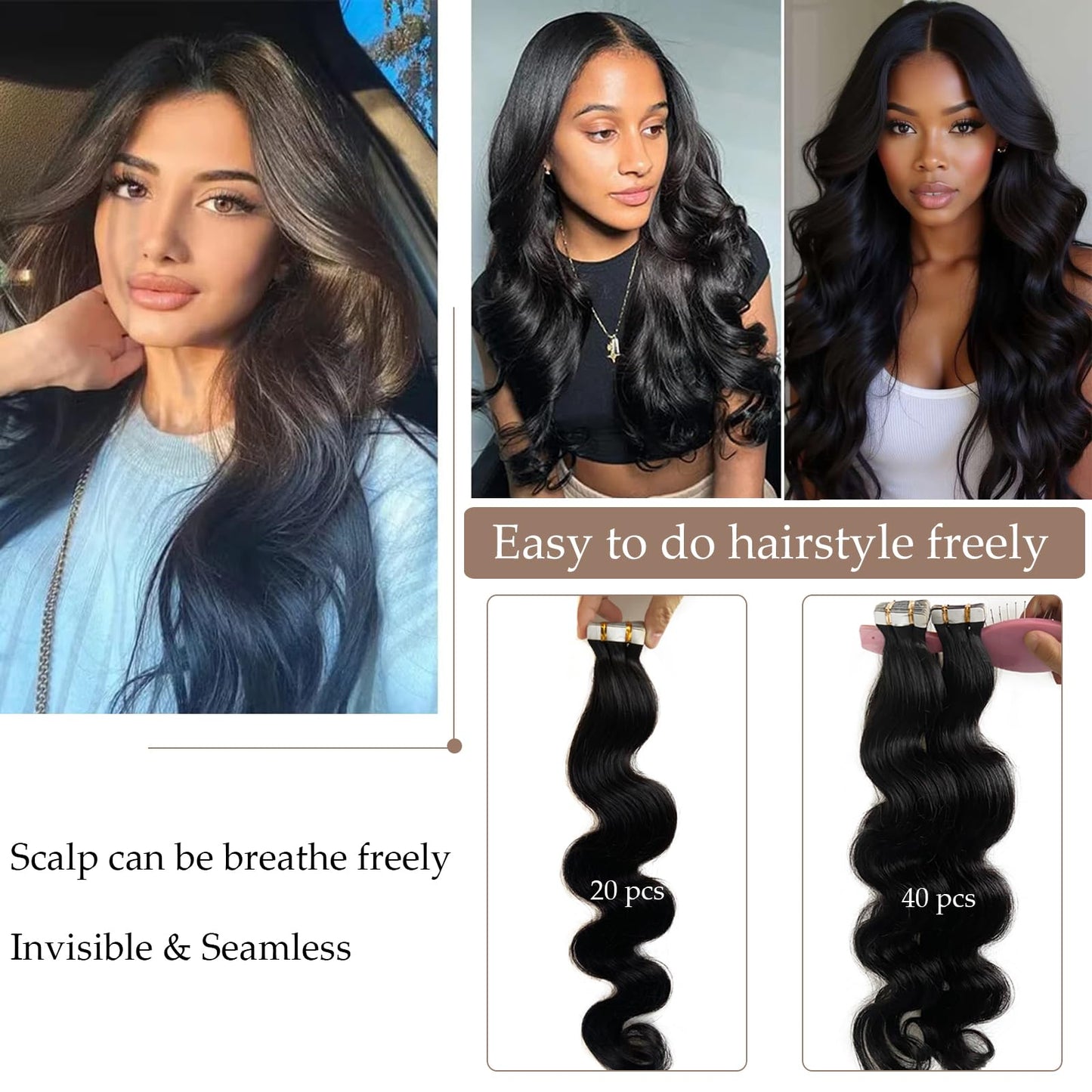 Body Wave Tape in Hair Extensions Human Hair, Body Wave Natural Black Hair Extensions Real Human Hair Tape ins for Black Women,100% Remy Human Hair 18 Inch 50g 20pcs Invisible Tape in Hair Extensions