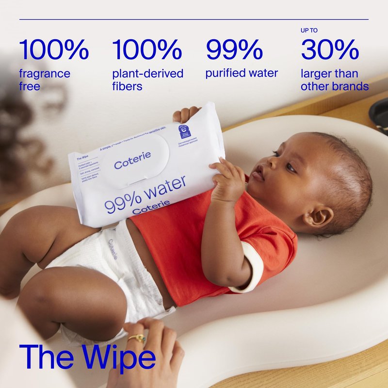 Coterie Baby Wipes for Sensitive Skin, Plant-Based and Plastic-Free Fibers, 99% Water, Hypoallergenic, pH Balanced, Unscented, Clean and Gentle Baby Essentials, 4 Standard Packs & 8 Travel Size Packs