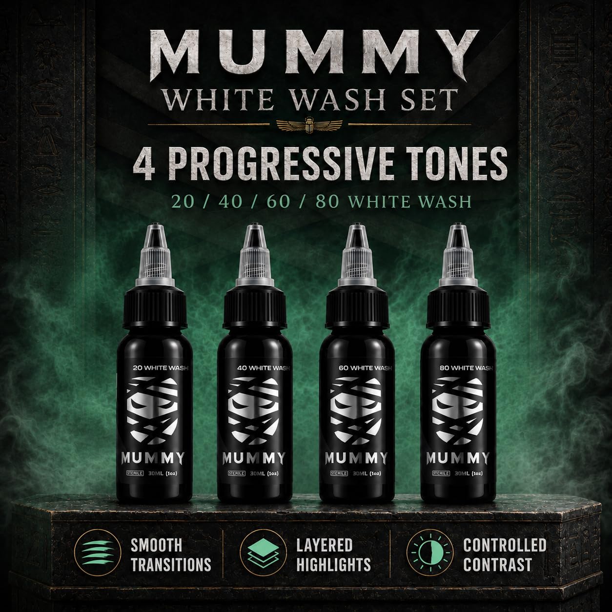 Mummy USA Custom Whitewash Tattoo Ink Set, 4 Bottles, 1oz Each