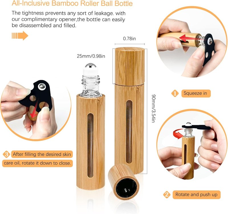 Bamboo Roll-On Bottles for Essential Oils - 12Pcs 10ml Refillable Set with Stainless Steel Rollers & Funnels