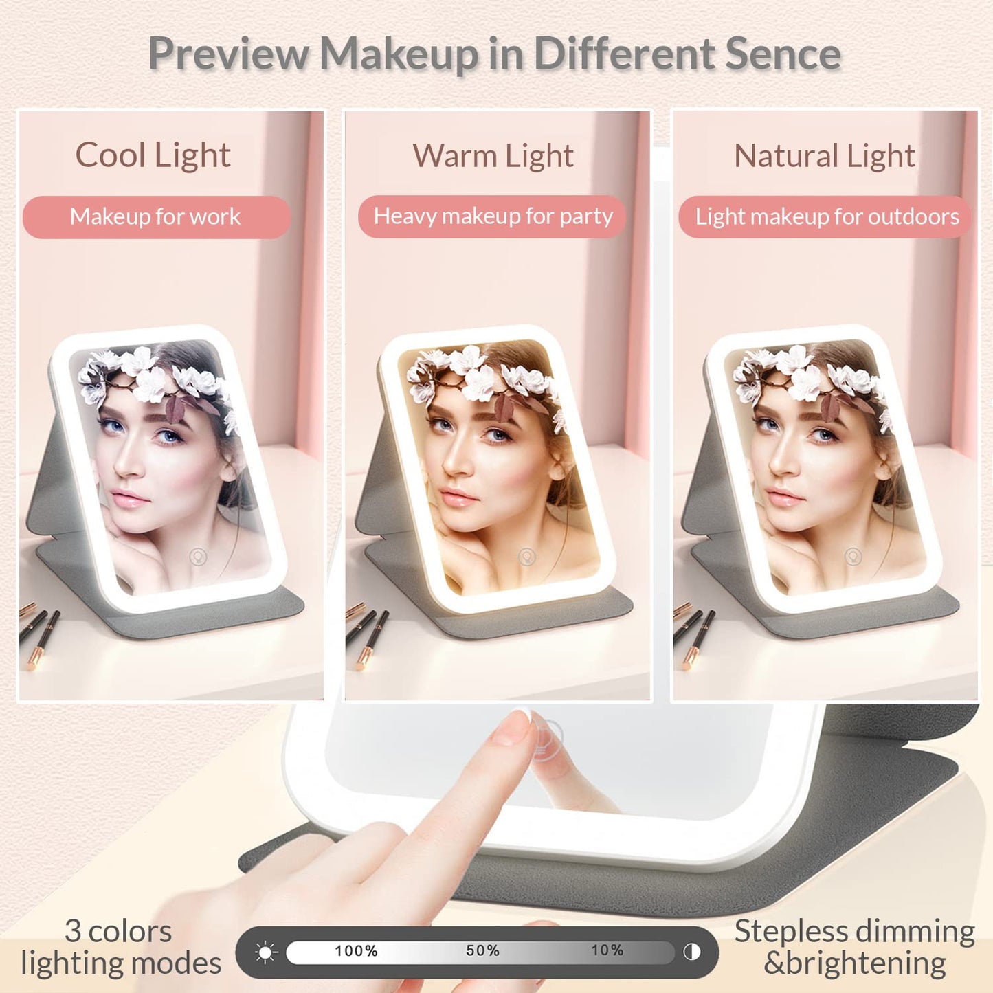 Uotowell Lighted Makeup Vanity Folding Mirror with LED Lights, Portable Travel Compact Mirror with 3 Adjustable Light Settings, Dimmable Touch Screen, USB Rechargeable, with PU case (Pink