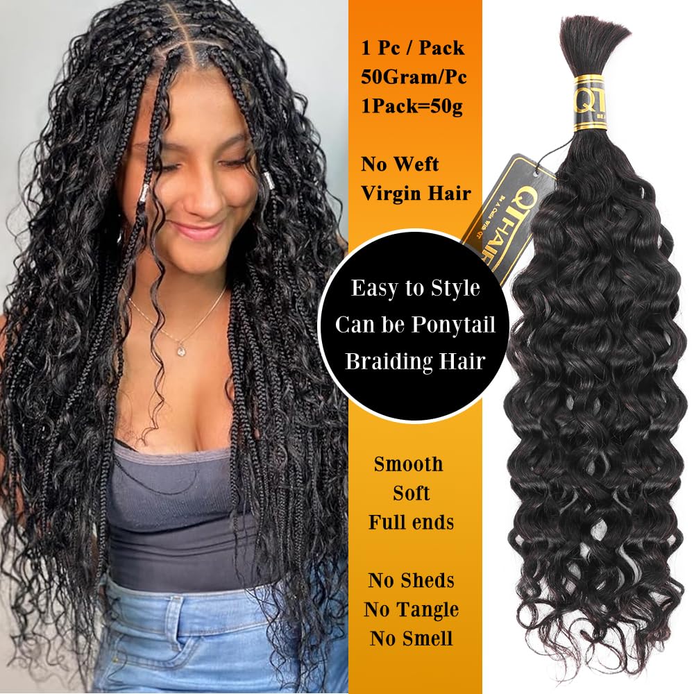 QTHAIR Deep Water Wave Bulk Human Hair For Braiding, 18A, No Weft, 100% Unprocessed Brazilian Water Wave Virgin Hair, one Bundle, Micro Braiding (#1B(Natural Black), 18"-50g, Curly)