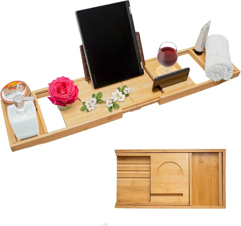 Luxury Bamboo Bathtub Tray - Foldable Spa Caddy with Wine Glass & Tablet Holder | Adjustable, Waterproof, Perfect Gift for Couples