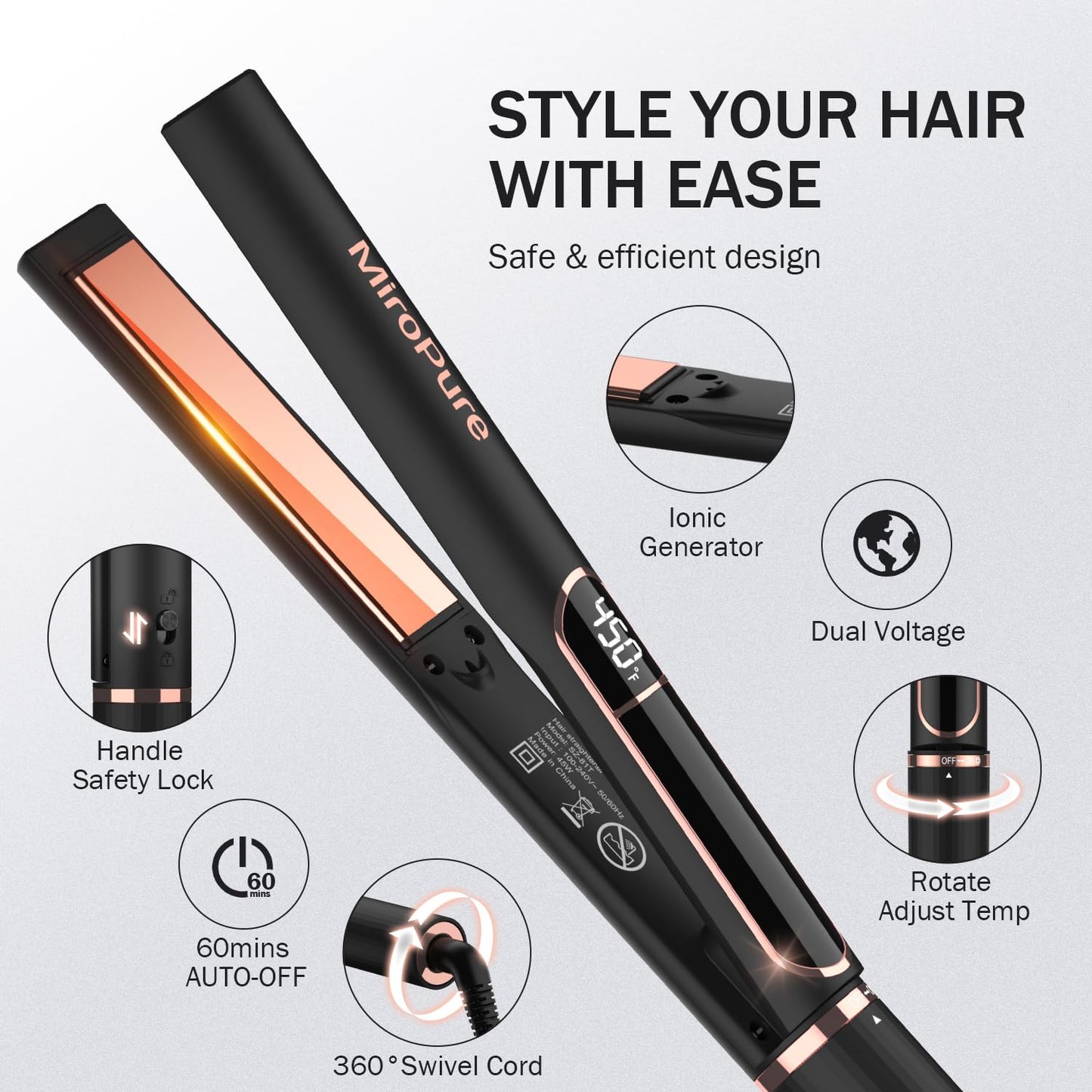 MiroPure Flat Iron Hair Straightener, 1 Inch Titanium Plates Hair Straightener with 15S Heat-up, Professional MCH Ceramic Negative Ion Hair Iron Dual Voltage for Women Hair with Auto Shut-Off