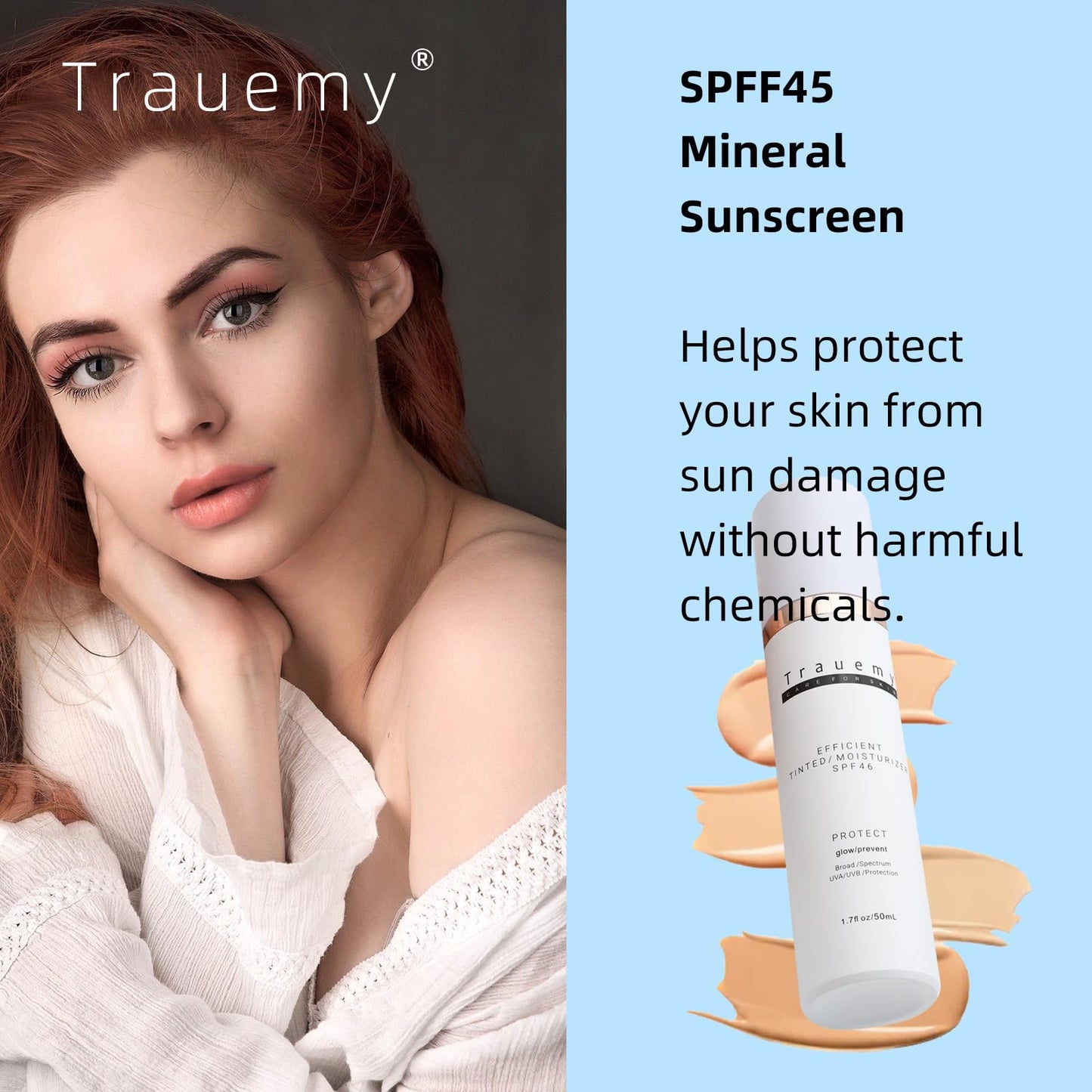 Trauemy Anti-Aging Tinted Face Moisturizer Sunscreen SPF 46 & Hydrating Skin Care & Face Moisturizer - Chemical BB Cream, Water-Resistant-Dewy