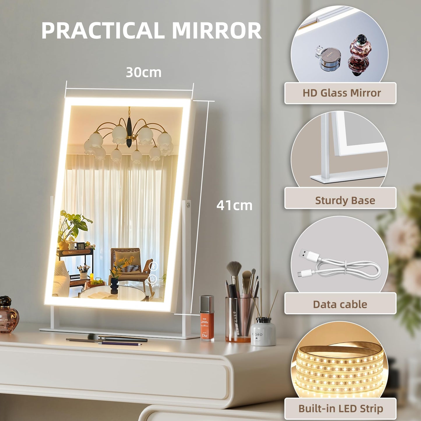 Hansong Vanity Mirror with Lights 11.8"x9.8" Lighted Makeup Mirror with Bluetooth Speaker Smart Touch Control LED Mirror with 3 Color Light Modes Detachable 10X Magnification and 360°Rotation