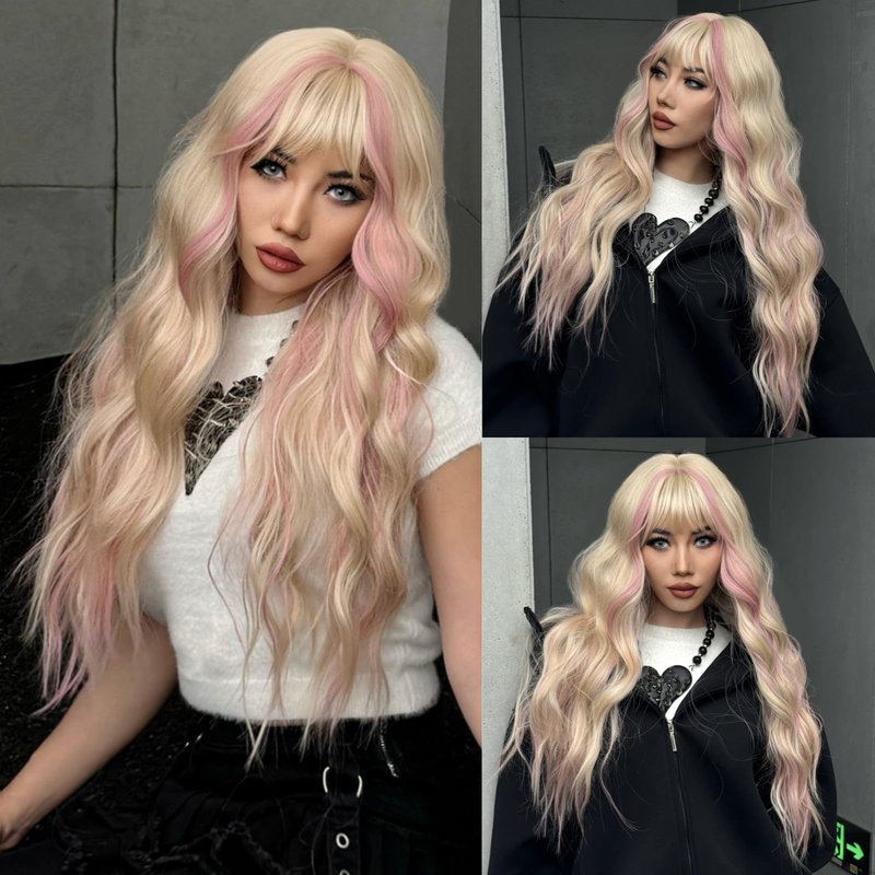 SAPPHIREWIGS Blonde Wig with Bangs Long Loose Wavy Wig Highlight Pink Hair Synthetic Heat Resistant Fiber Hair for Women Daily Party Use 26inch